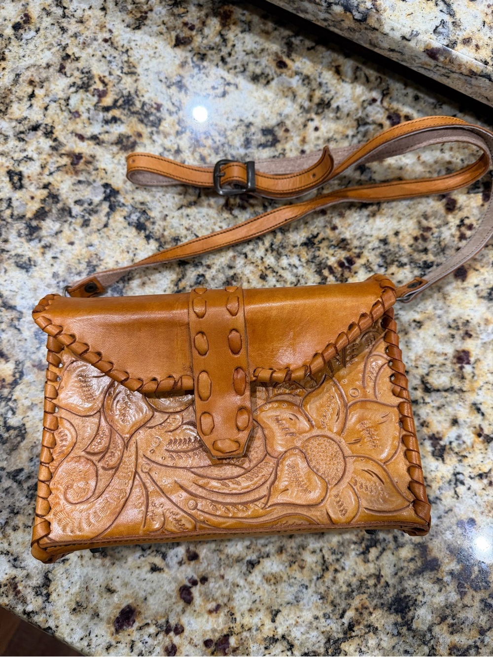 Handcrafted Tooled Leather Crossbody Bag in Tan